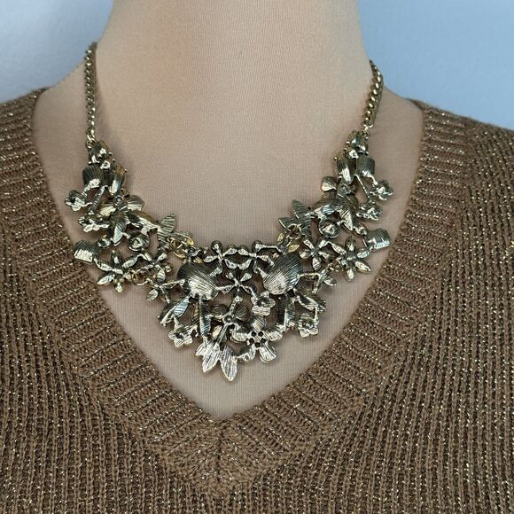 Floral Vintage Art Nouveau Rhinestone Necklace Distressed Adjustable Flowers - Picture 5 of 7